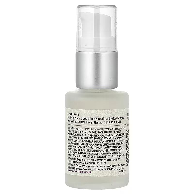 Swanson hyaluronic acid serum bottle with ingredient and directions label, 1 fl oz