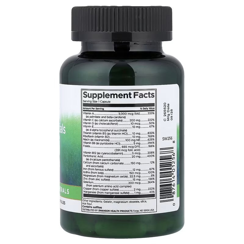 Swanson Daily Essentials Multi with Iron supplement bottle, Supplement Facts label