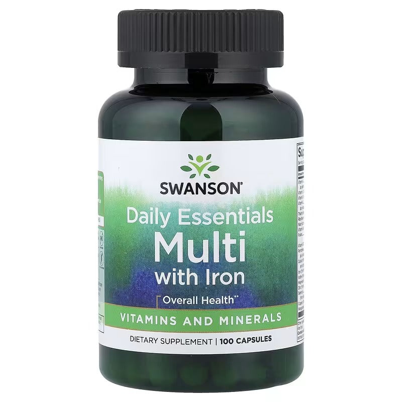 Swanson Daily Essentials Multi with Iron supplement bottle, front label, 100 capsules