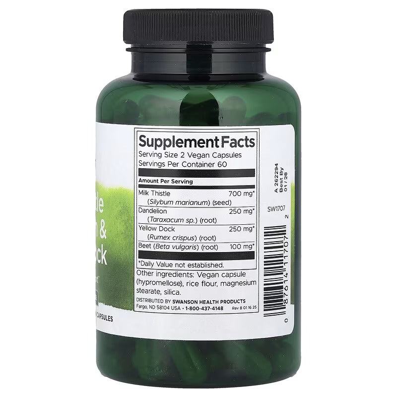 Supplement Facts panel on vegan milk thistle, dandelion & yellow dock bottle