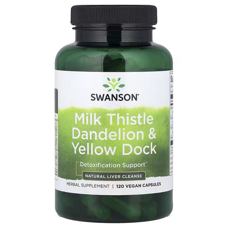 Milk thistle, dandelion & yellow dock vegan supplement bottle, black cap