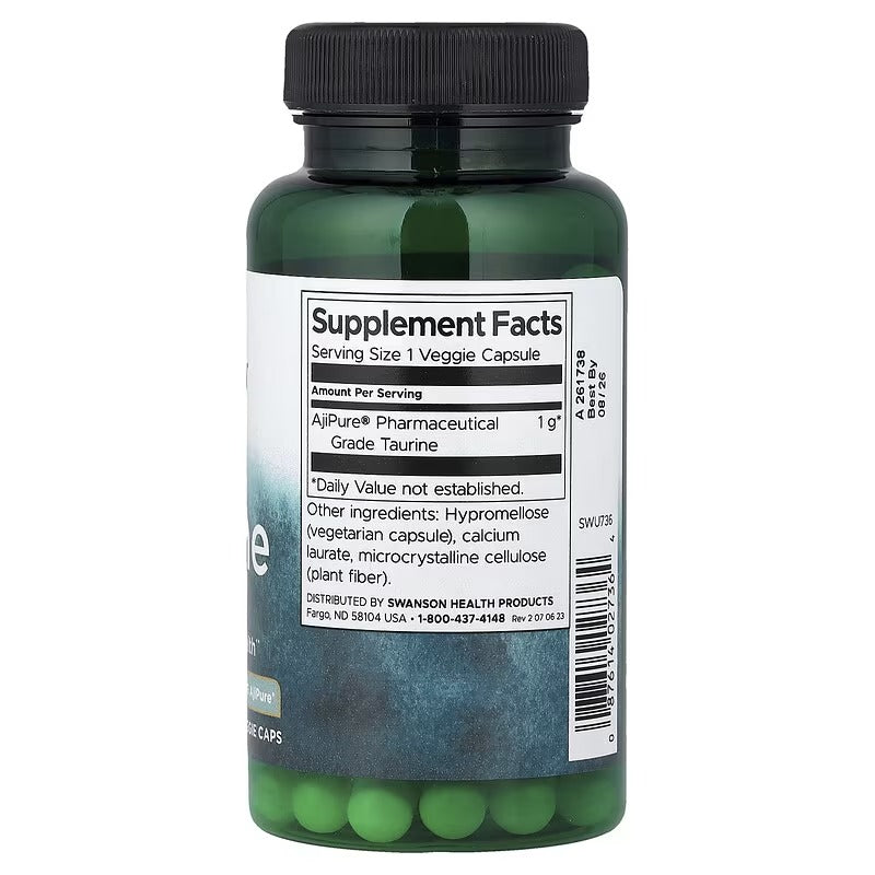 Taurine supplement bottle back with Supplement Facts and ingredient list