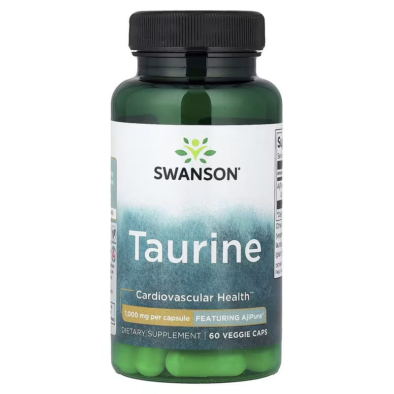 Taurine supplement bottle, SWANSON 1,000 mg, 60 veggie caps