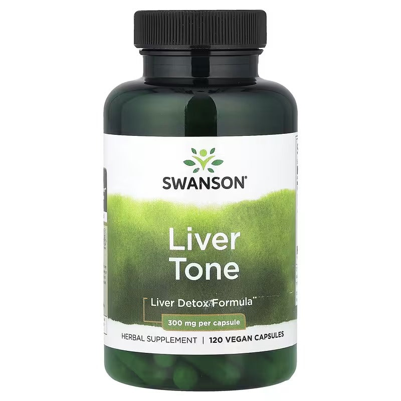 Swanson Liver Tone supplement bottle with dark green label, black cap, 120 vegan capsules