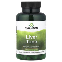 Swanson Liver Tone supplement bottle with dark green label, black cap, 120 vegan capsules