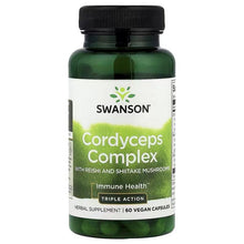 Cordyceps complex supplement bottle, dark green with black cap and vegan capsule label
