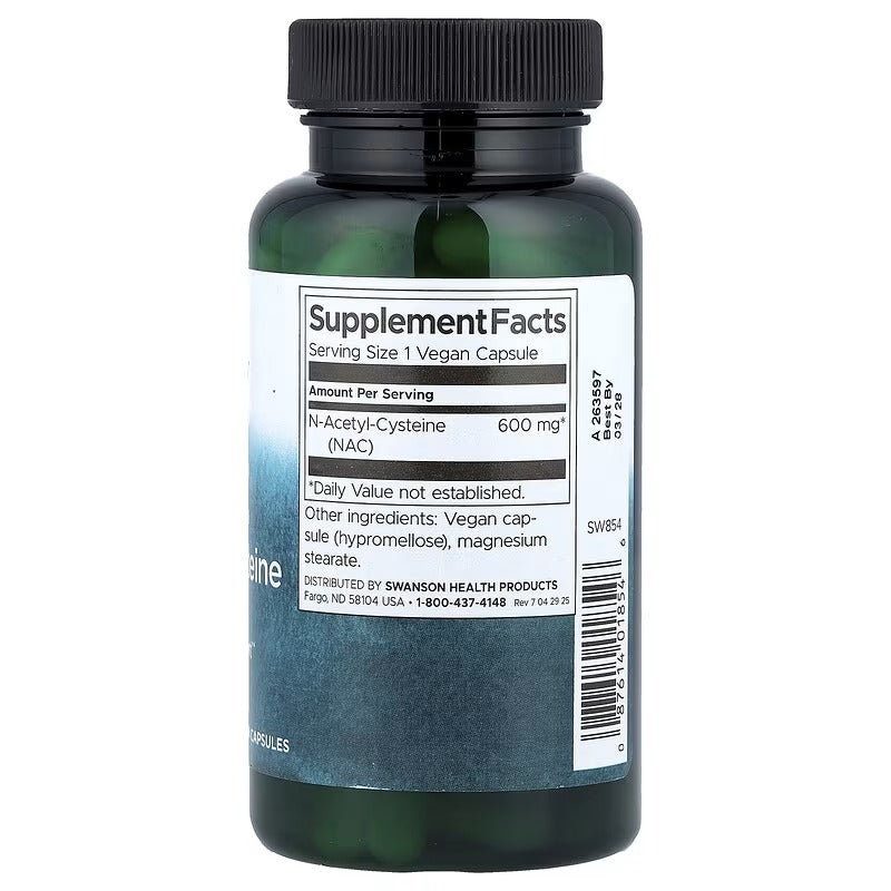 Swanson NAC supplement facts back label, vegan capsule 600 mg on green bottle