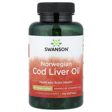 Swanson Norwegian cod liver oil supplement bottle, 250 softgels, black cap, dark green