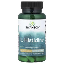 L-Histidine supplement bottle, black cap, green label with vegan capsule info