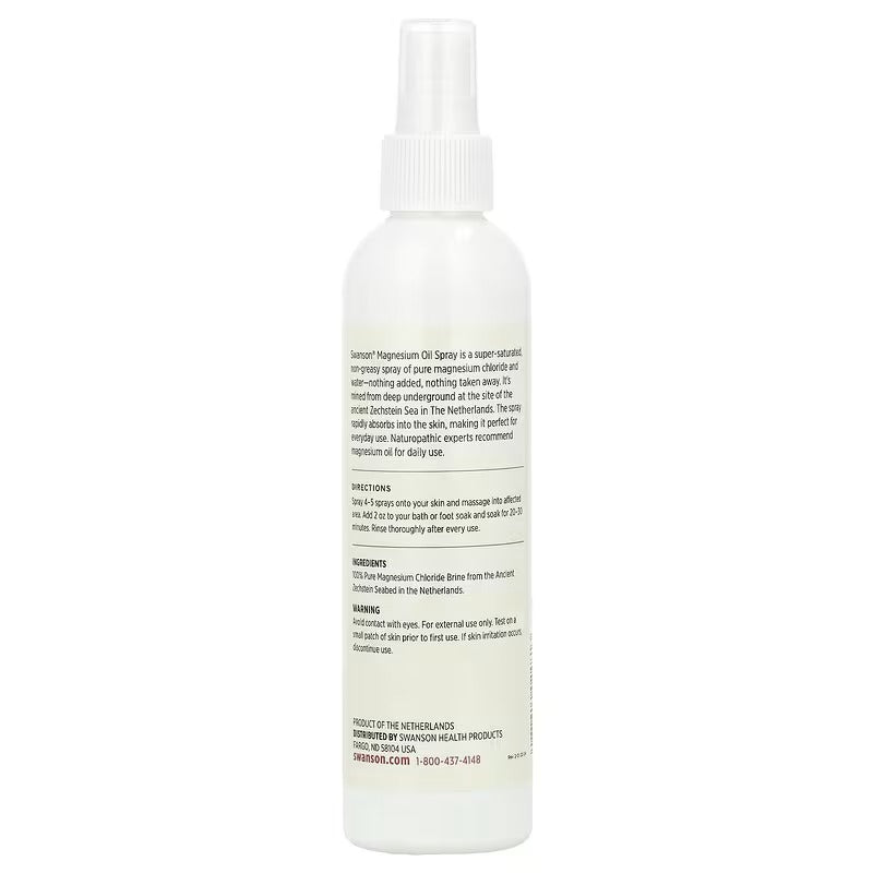 Swanson magnesium oil bottle with spray nozzle; back label with product details.