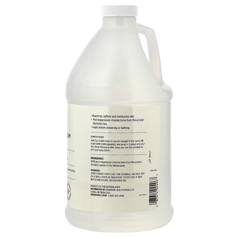 Swanson magnesium oil bottle back label with barcode and directions.