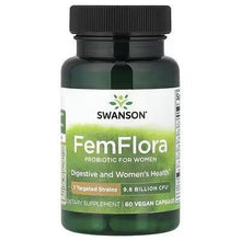 Probiotic supplement bottle with black cap and FemFlora label, vegan capsules