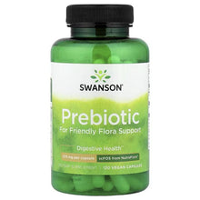 Prebiotic dietary supplement bottle with black cap, labeled SWANSON Prebiotic and vegan capsules