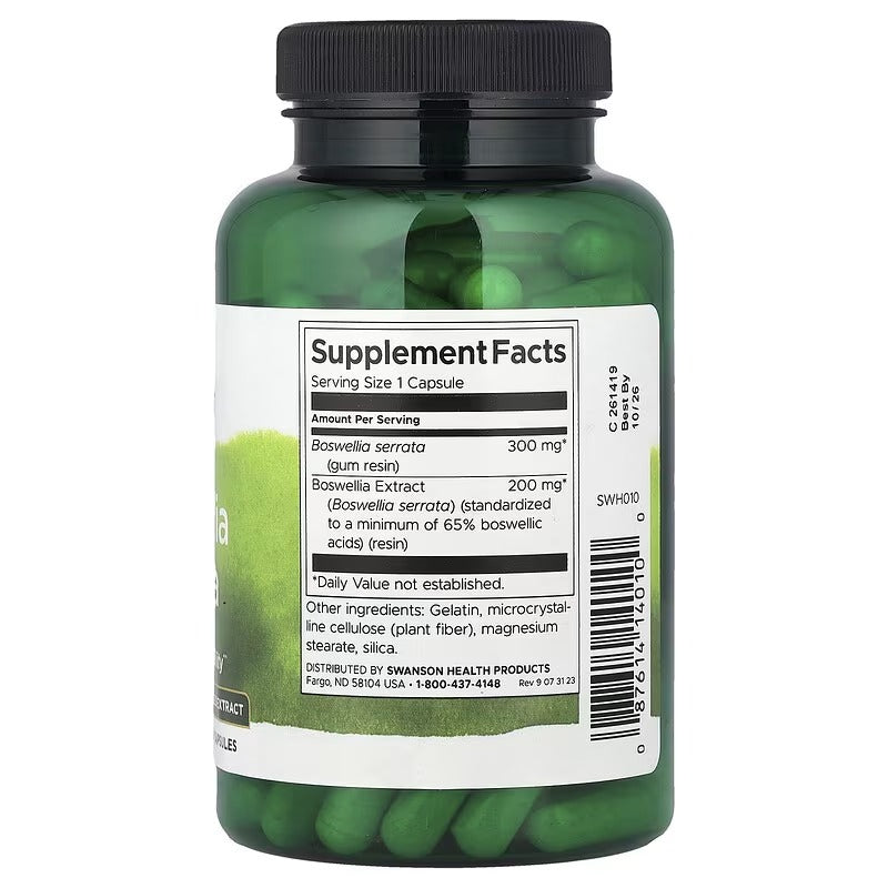 Swanson Boswellia Serrata supplement bottle, black cap, green capsules, Supplement Facts label