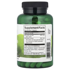 Swanson Boswellia Serrata supplement bottle, black cap, green capsules, Supplement Facts label