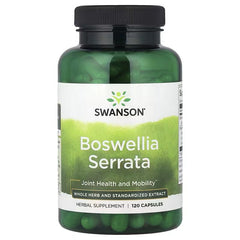 Swanson Boswellia Serrata herbal supplement bottle, black cap, green capsules, front label