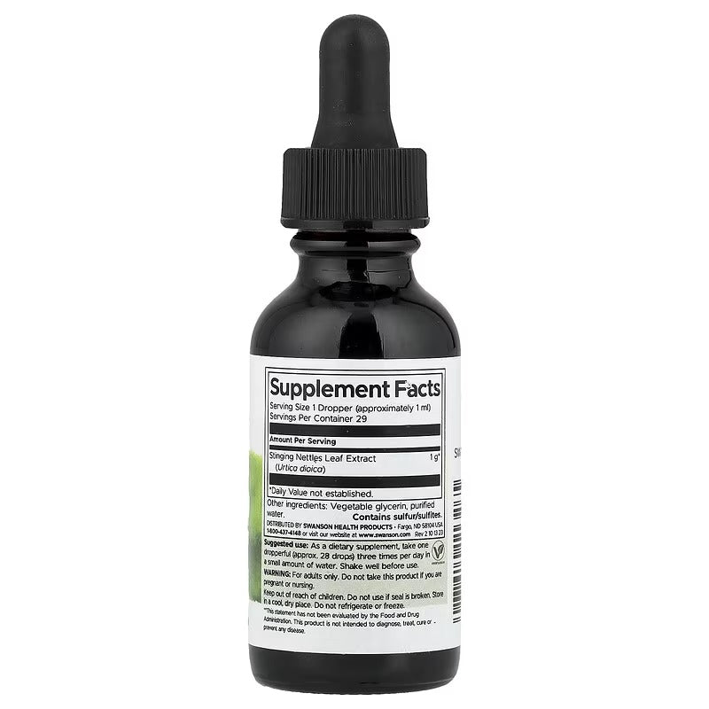 Swanson stinging nettles leaf liquid extract bottle, Supplement Facts label