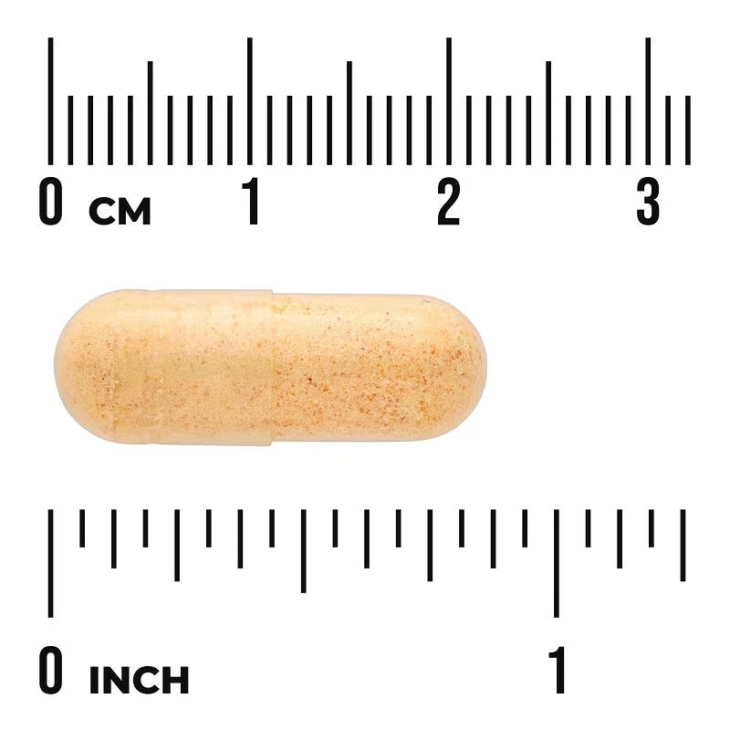 Beige oval vegan capsule next to measuring scale markings