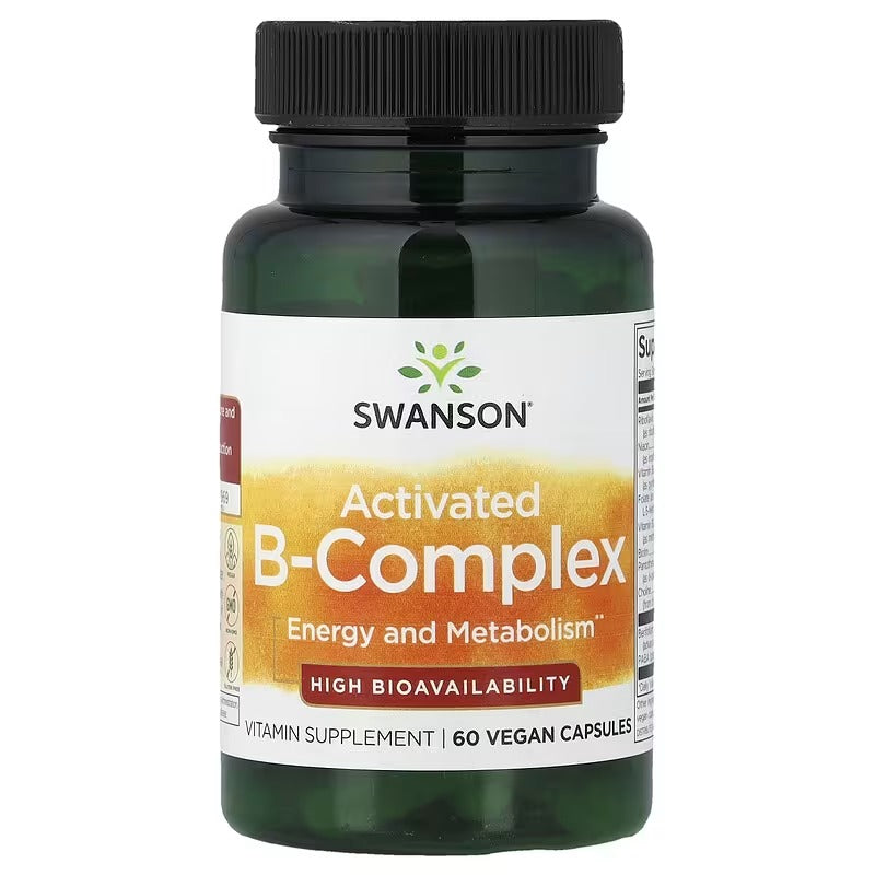 Swanson Activated B-Complex supplement bottle with black cap, label for vegan capsules