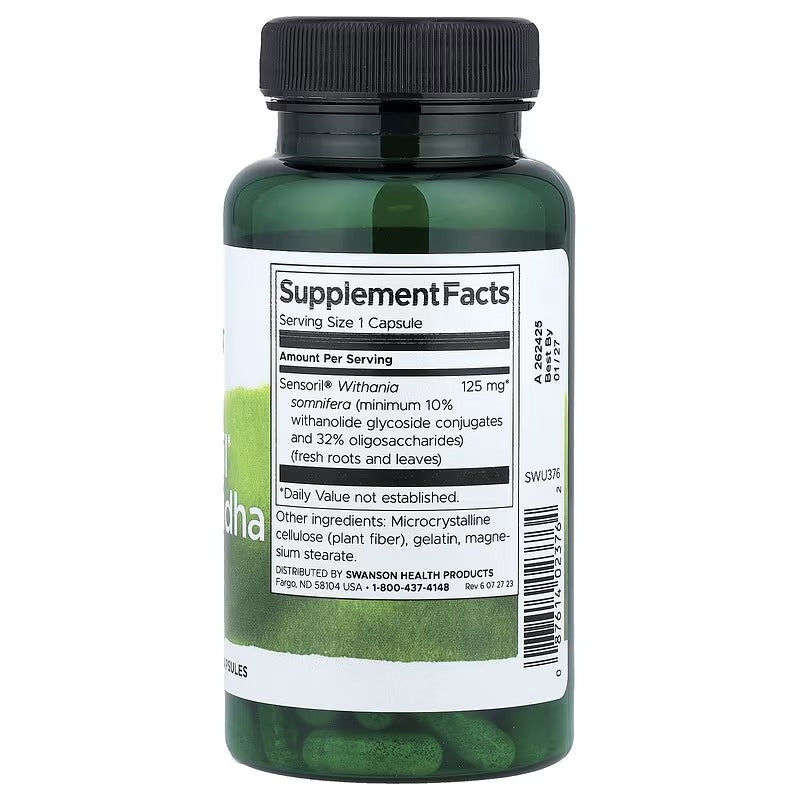 Swanson Sensoril® Ashwagandha supplement facts label on bottle, serving size 1 capsule