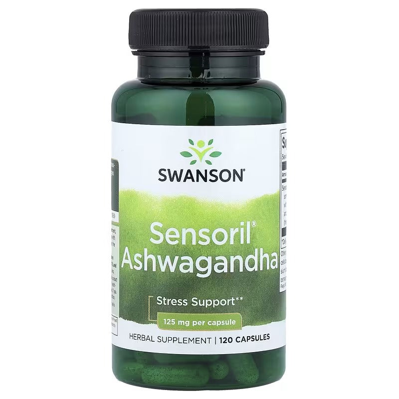 Swanson Sensoril® Ashwagandha herbal supplement bottle, 120 capsules, dark green