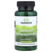Swanson Sensoril® Ashwagandha herbal supplement bottle, 120 capsules, dark green