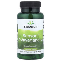 Swanson Sensoril® Ashwagandha herbal supplement bottle, 120 capsules, dark green