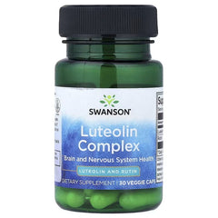 Swanson Luteolin Complex supplement bottle with black cap and green veggie capsules