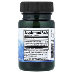 Swanson Astaxanthin softgels bottle back, 8 mg per softgel, supplement facts, black cap