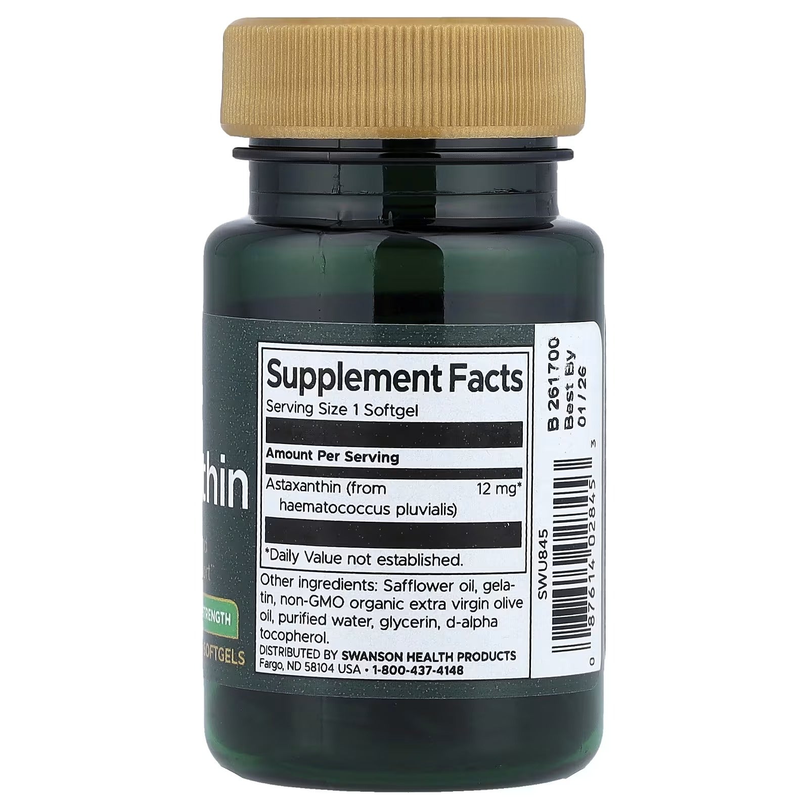 Swanson Astaxanthin softgels bottle back, 12 mg per softgel, supplement facts, tan cap