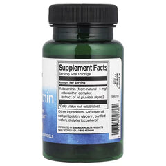 Swanson Astaxanthin softgels bottle back, 4 mg per softgel, supplement facts, black cap
