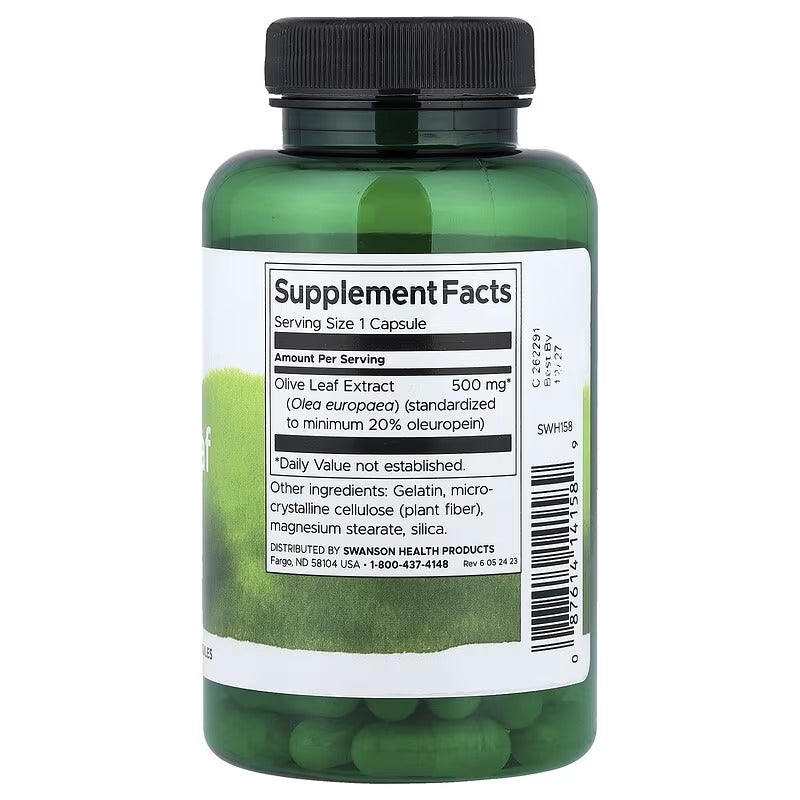 Swanson Olive Leaf Extract supplement facts label, 500 mg per capsule, 60 capsules