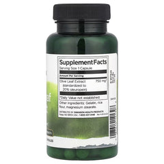 Swanson Olive Leaf Extract supplement facts label, 750 mg per capsule, 60 capsules