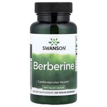 Swanson Berberine dietary supplement bottle, dark green with black cap and front label