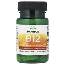 Swanson Vitamin B12 lozenges bottle with dark cap and green glass, front label