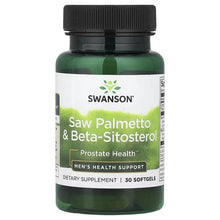Swanson saw palmetto & beta-sitosterol supplement bottle, green with black cap, 30 softgels