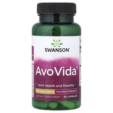 Swanson AvoVida supplement bottle with green capsules, front label and black cap