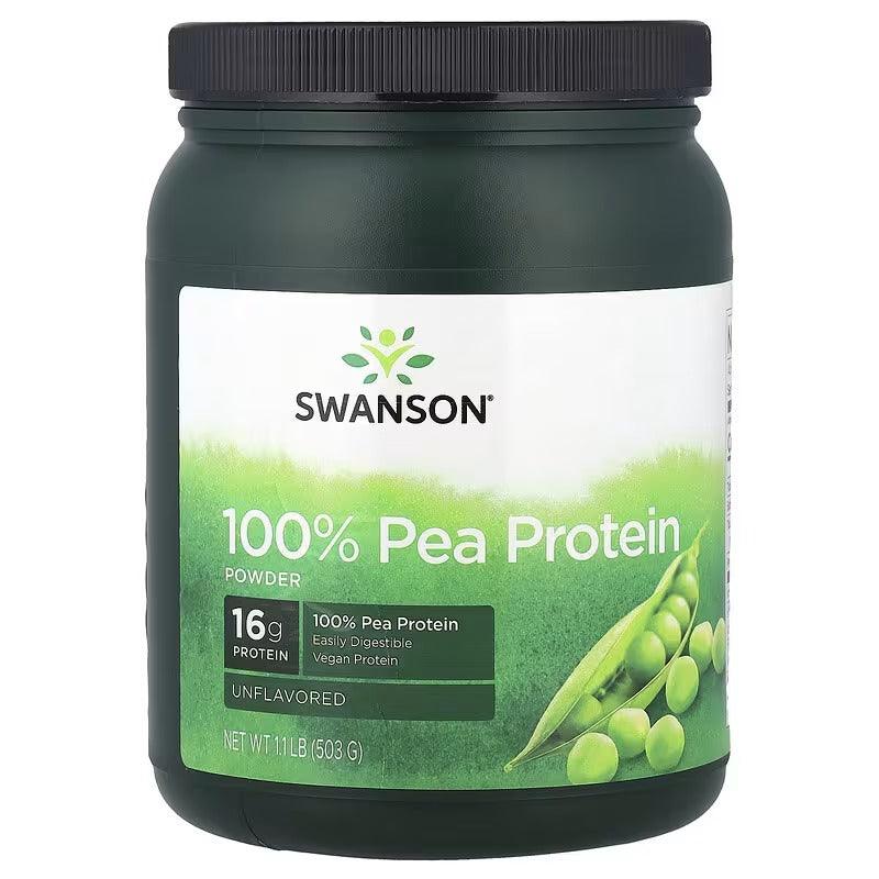 Unflavoured 100% pea protein powder jar, dark green bottle with label.