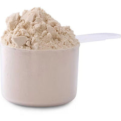 Unflavoured pea protein powder in white scoop.