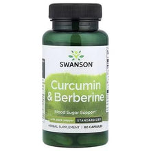 Curcumin & Berberine supplement bottle with black pepper, green bottle and black cap.