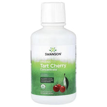 Swanson organic tart cherry concentrate bottle with white cap, front label and cherries