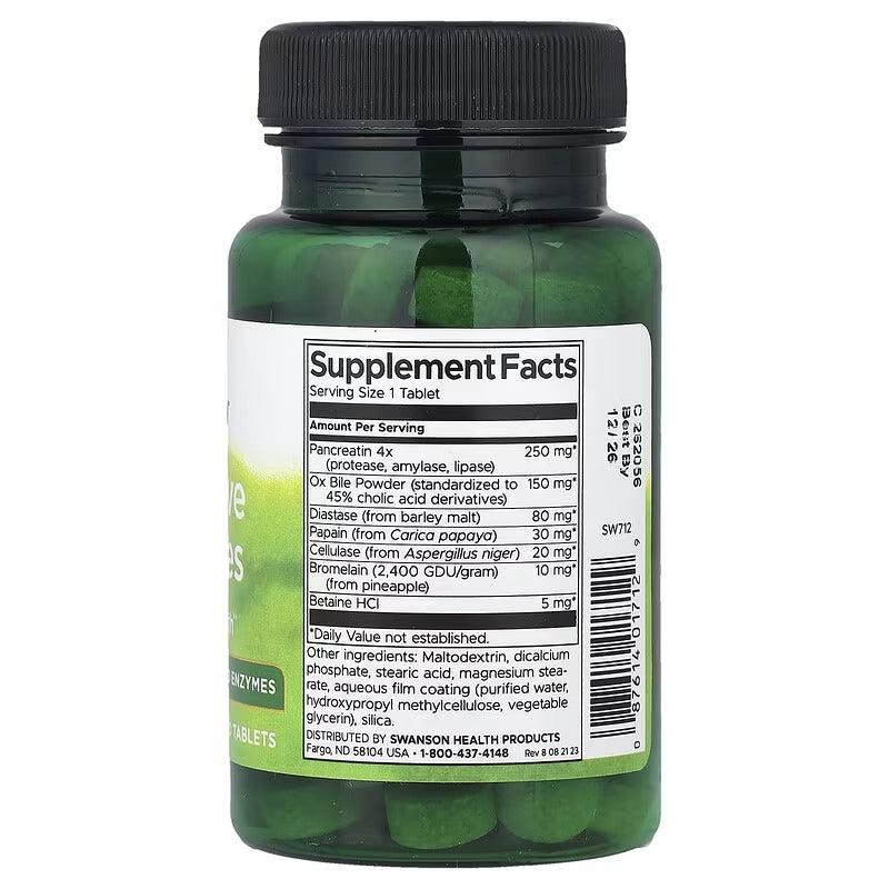 Digestive enzymes supplement bottle, black cap; Supplement Facts label on back