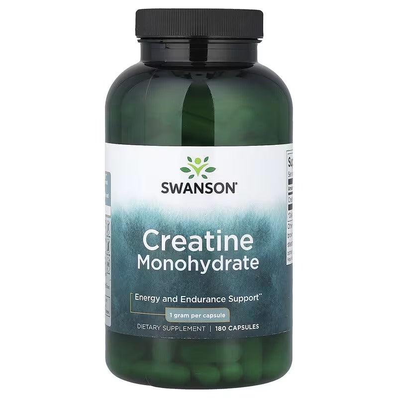 Swanson creatine monohydrate supplement bottle, 1 g, 180 capsules