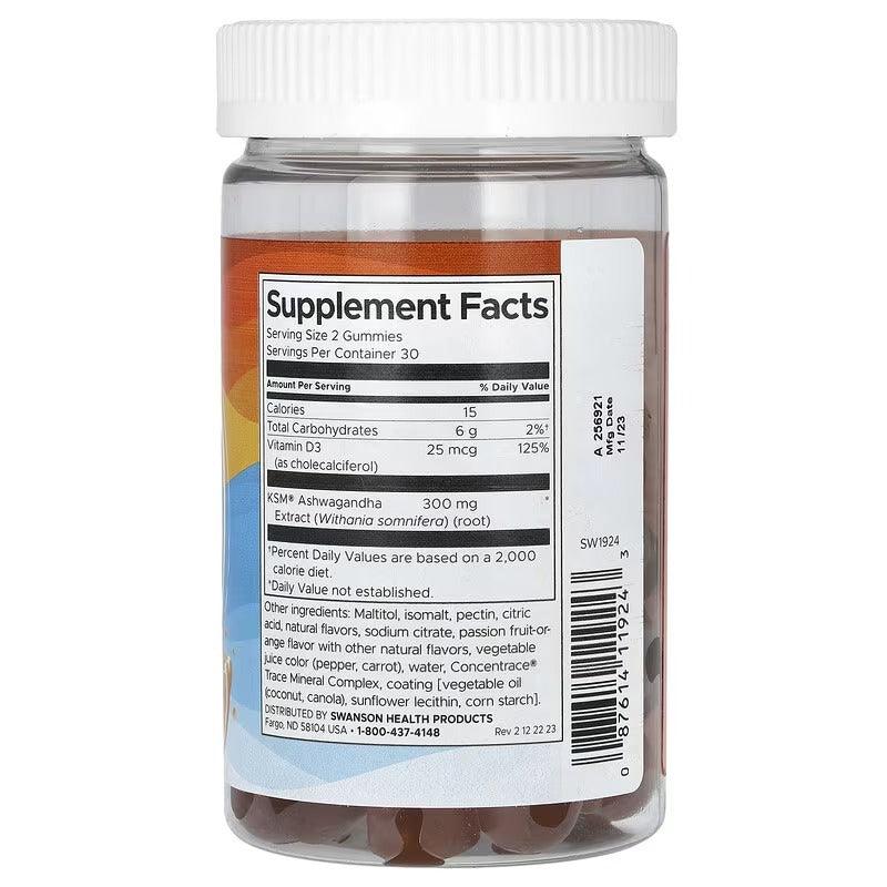 Swanson Ashwagandha & Vitamin D gummy bottle back with Supplement Facts panel