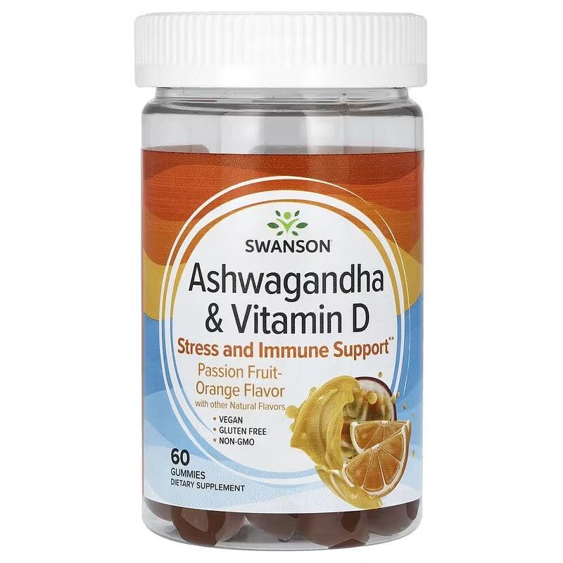 Swanson Ashwagandha & Vitamin D gummy bottle, passion fruit-orange flavor label