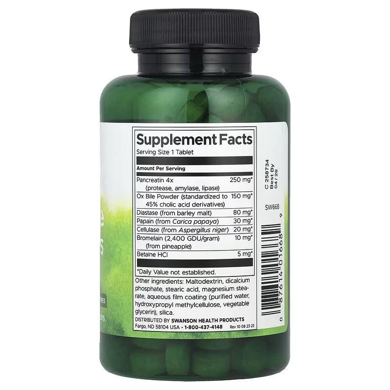 Digestive enzymes supplement bottle, black cap; Supplement Facts panel with ingredients