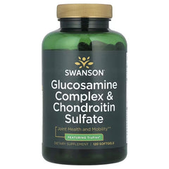 Glucosamine complex softgel supplement bottle with gold cap, dark green label, 120 count