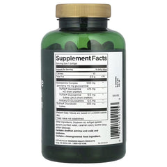 Supplement facts label on dark green glucosamine complex bottle with gold cap