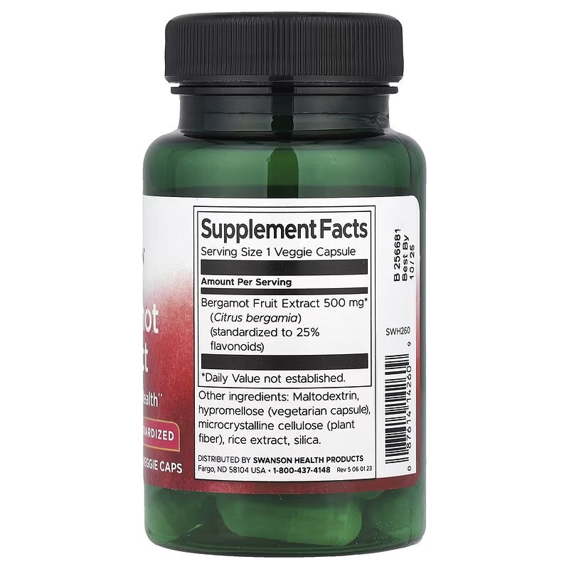 Swanson Bergamot Extract bottle back label with Supplement Facts and green veggie caps