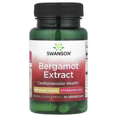 Swanson Bergamot Extract bottle, dark cap, green label, 30 veggie caps